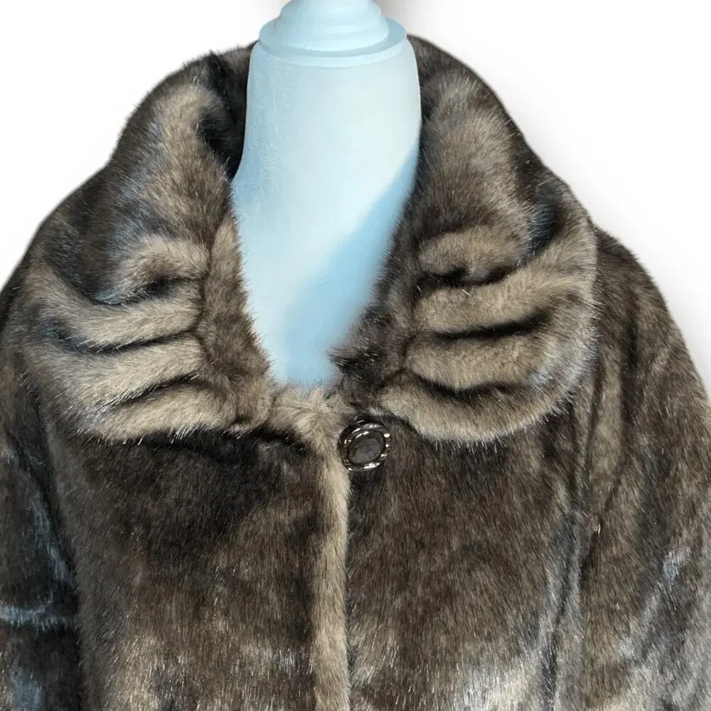 Vintage Reversible Brown Faux Fur Coat Satin Lining‎ Button Front Large Winter